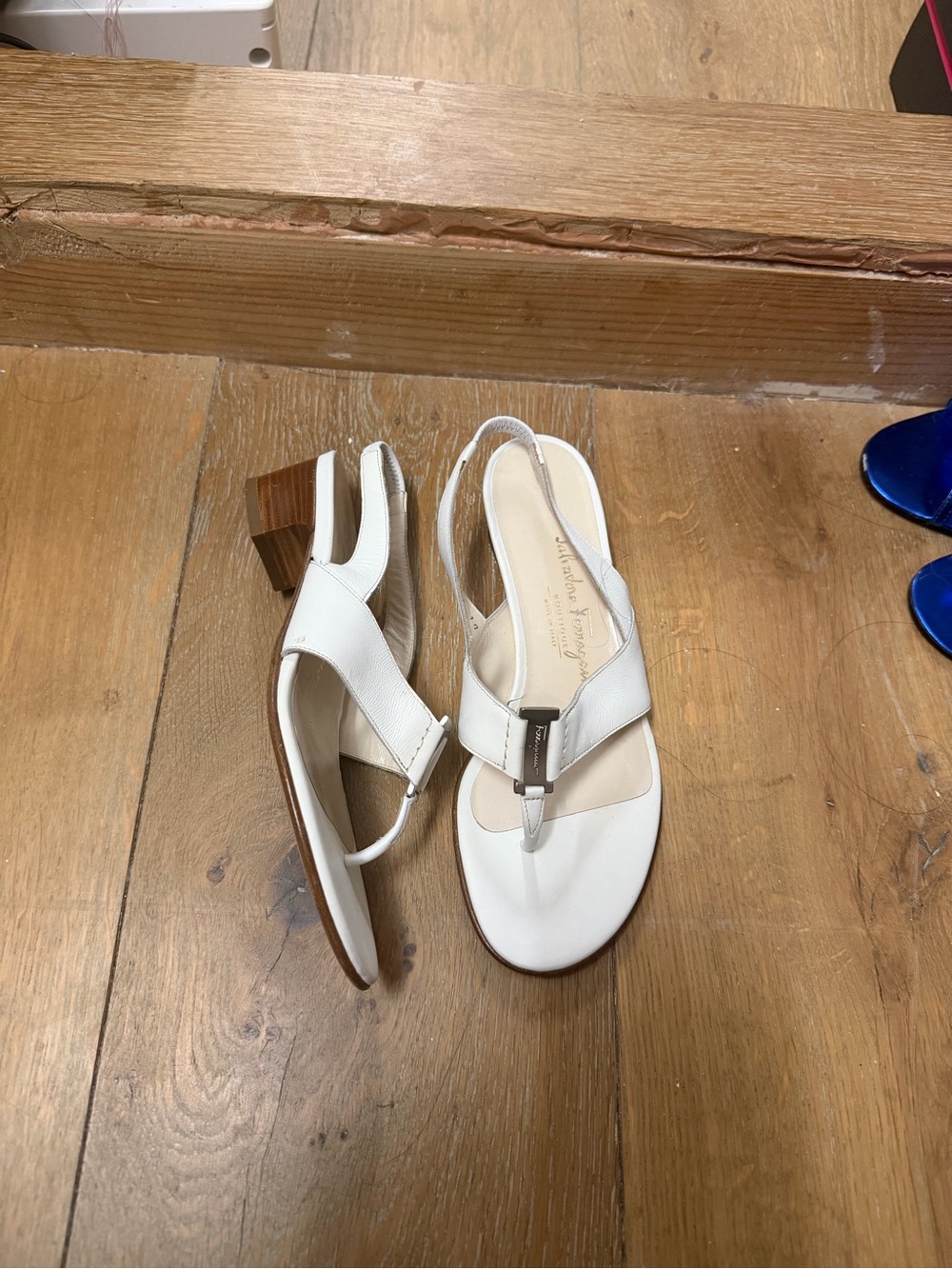 Salvatore Ferragamo White Slingback T-Strap Sandals with Low Block Heel